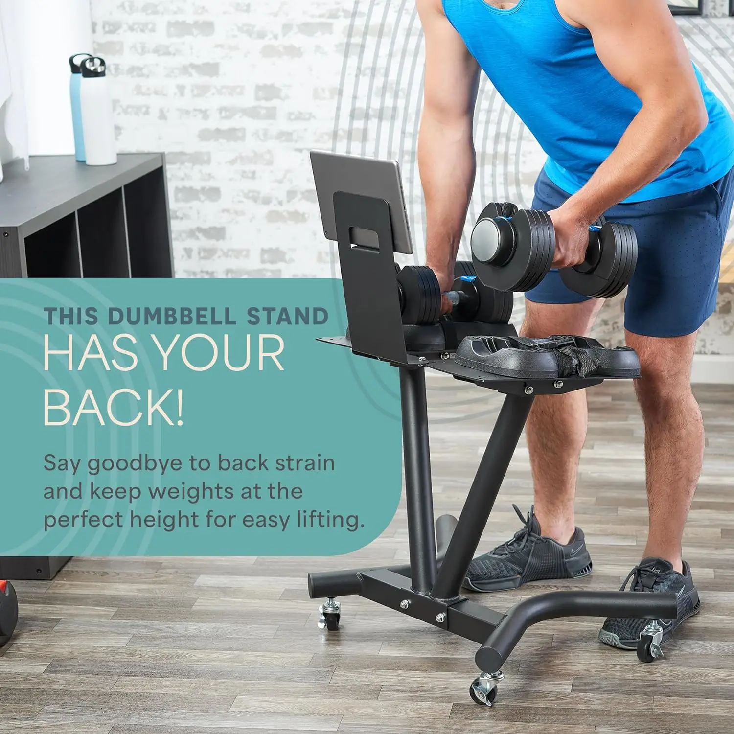 Home Gym Dumbbell Rack - Adjustable, Steel, Blue, with Wheels & Phone/Tablet Holder, Space - Saving