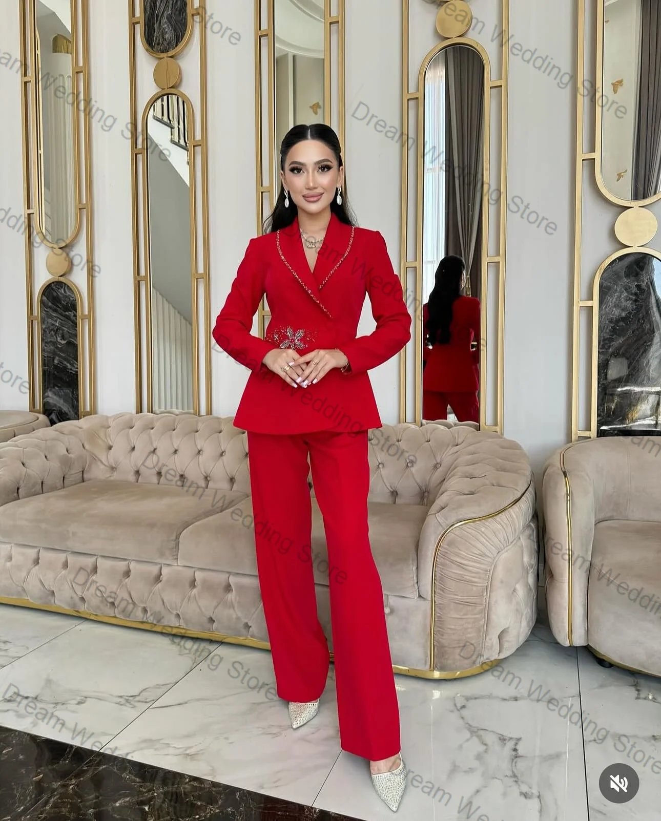 

Red Women Suit Pants Set 2 Piece Crystals Blazer+Trousers Luxury Formal Office Lady Jacket Wedding Tuxedo Customized Sexy Coat