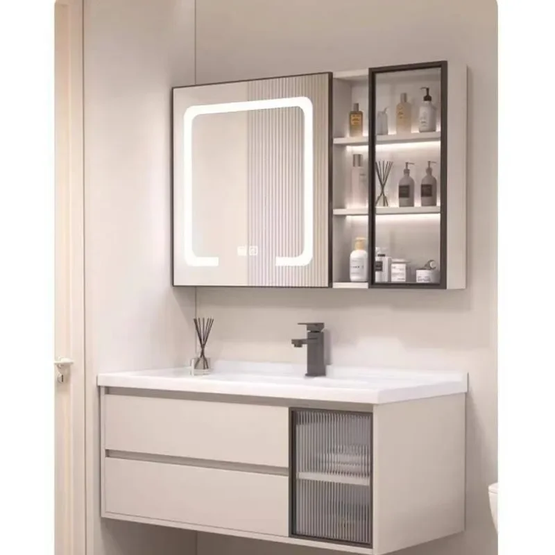 Cream Smart Bathroom Vanity with Ceramic Integrated Basin Modern Washstand Combo for Home Bath Space