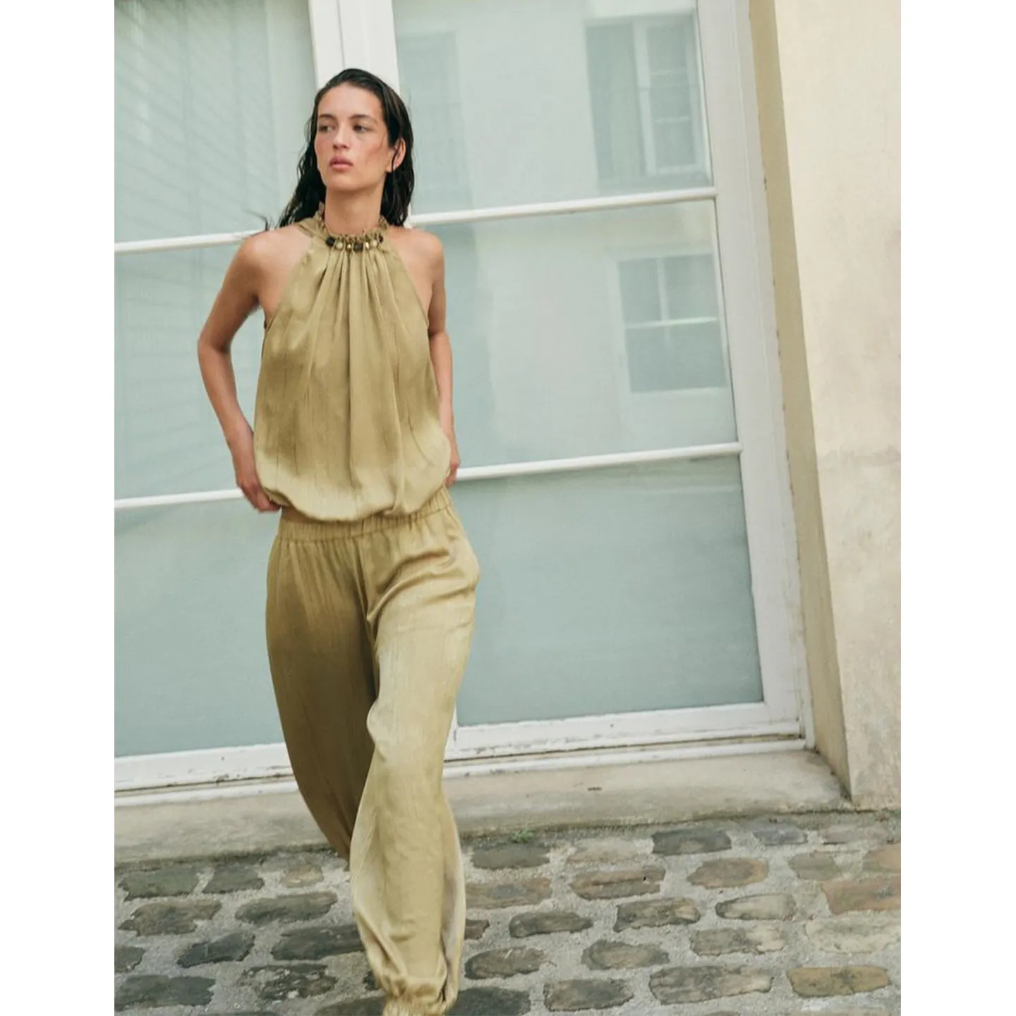 Elastic Waist Lantern Pants And Frock Top with Ruffle Hemline Women's Summer Fashion Set round Neck Two-Piece Suit