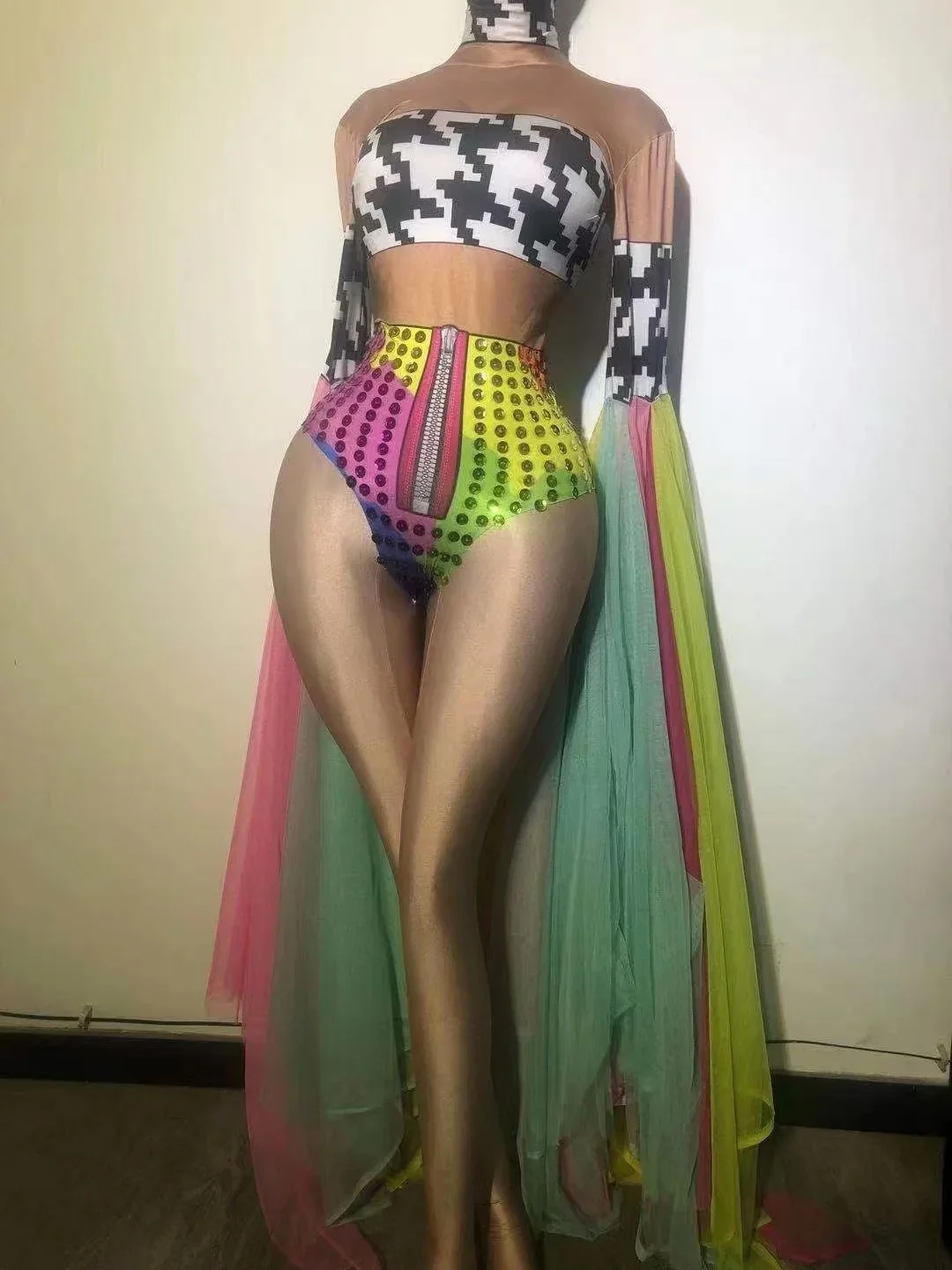 

Las Vegas Drag Queen Outfit Women Body Suit Dance Stage Wear Plaid Colorful Singer Stretch DJ DS Gogo Club Bar Set