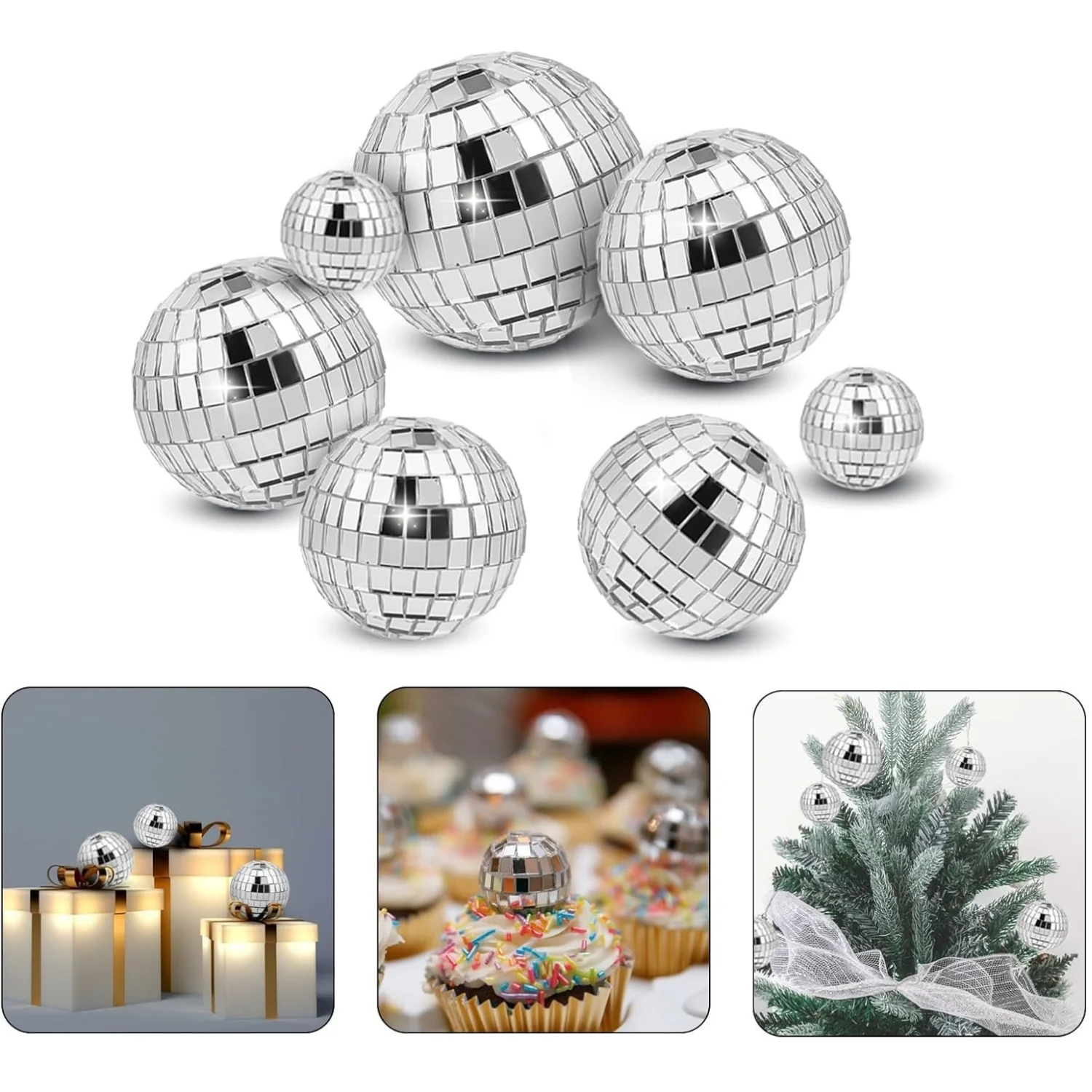 7PCS Silver Disco Ball Cake Topper Different Sizes Cake Decorations 70s Disco Themed Dance Party Supplies Dessert Accessories