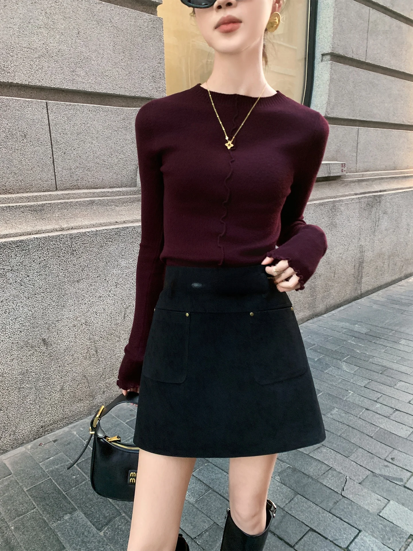 

Bla High Waist PU Skirt Women's Faion Spring New Sle Versatile Inner Wear Commute Warmth H-ape A-Line Skirt