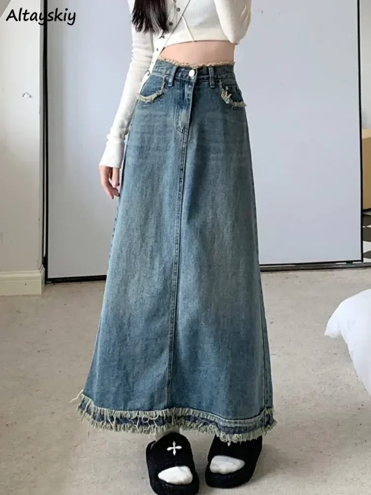 Ripped Denim Skirts Women Loose Ankle-length Chic Streetwear Vintage Fashion Casual Korean Style Simple Ins All-match High Waist