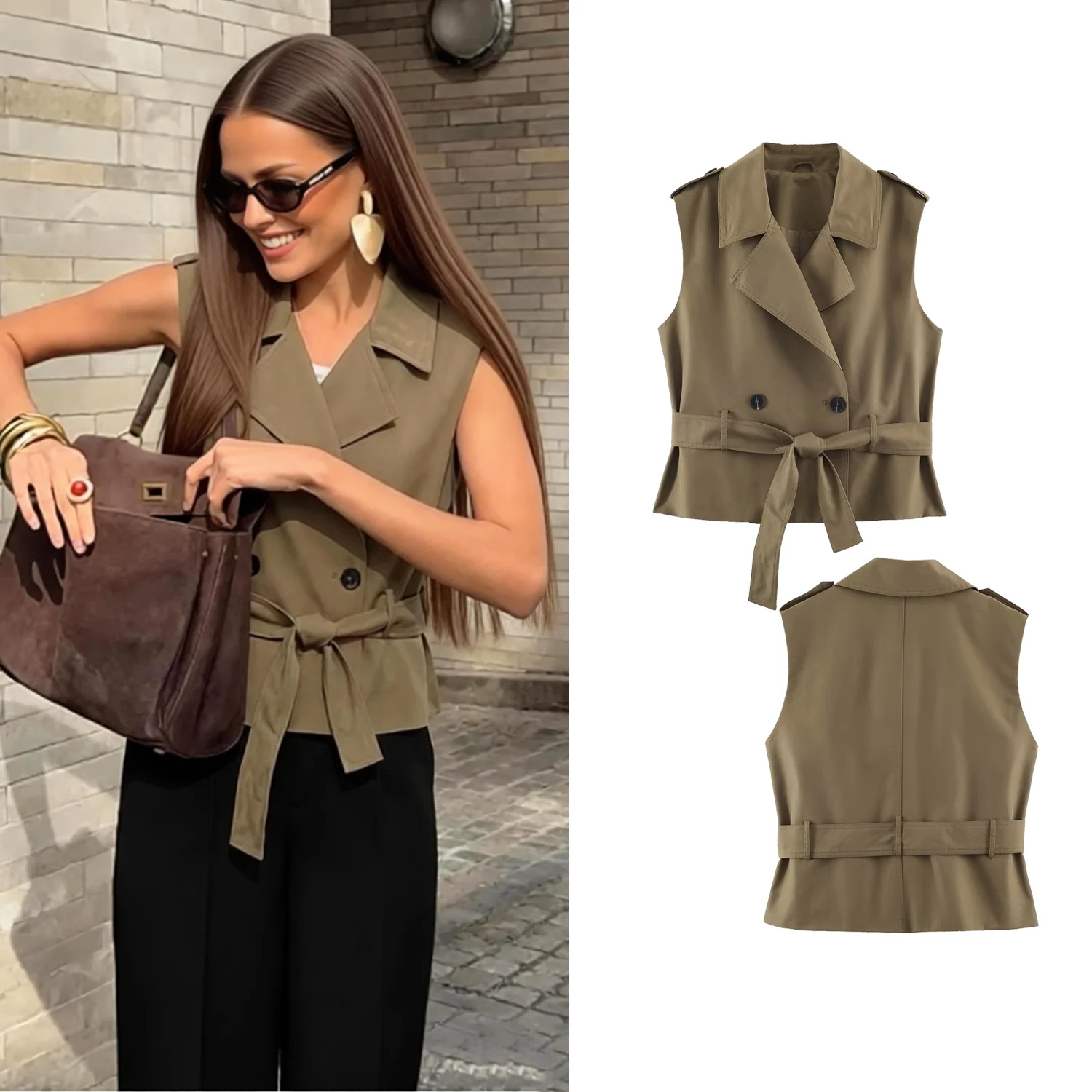 Women Sleeveless Vest Coat Spring Autumn Female Double Breasted Styled Waistcoat With Belt Lady Street Vest Jackets