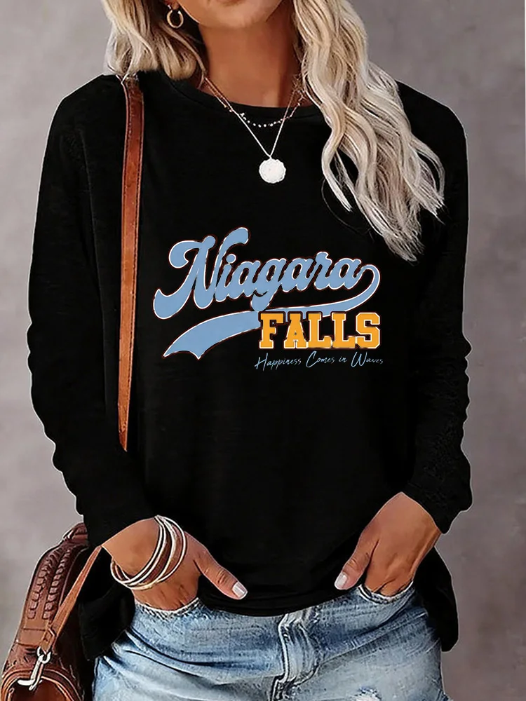 American City Letters Print Trend Retro College Style T Shirt Women's Long Sleeve Crew Neck T-shirt Casual Tops Clothes Outfit