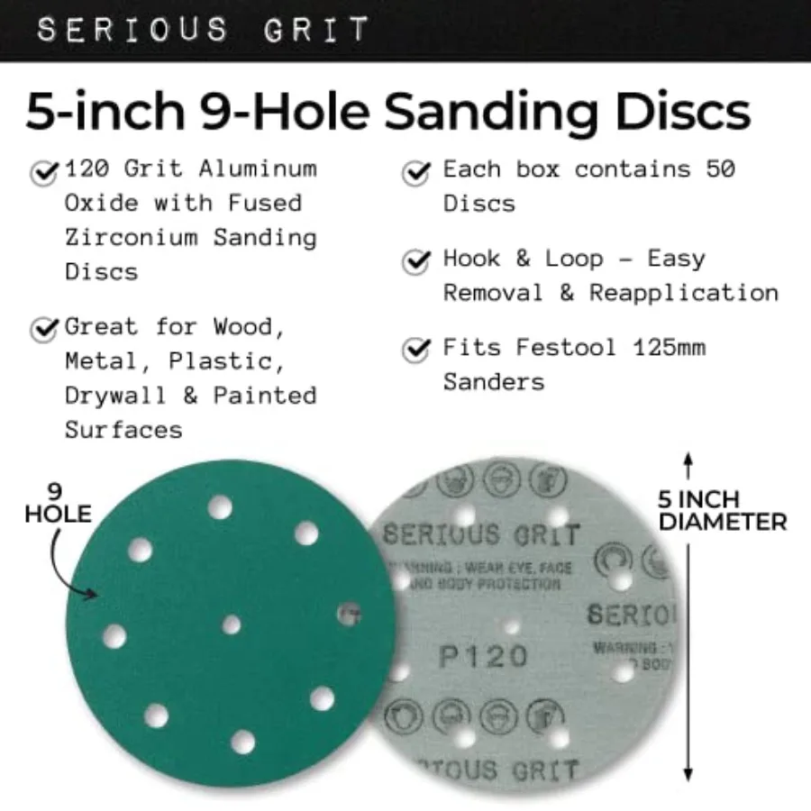 5-Inch 9-Hole Sanding Discs - Heavy-Duty Hook and Loop Film Discs - Sandpaper for Random Orbital Sanders - 50 Pack Box