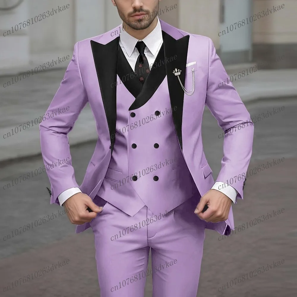 

Мужской костюм лавандового цвета с черным воротником, свадебная вечеринка, формальный жених, жених, выпускной, деловой мужской смокинг, комплект из 3 предметов, куртка, жилет, брюки