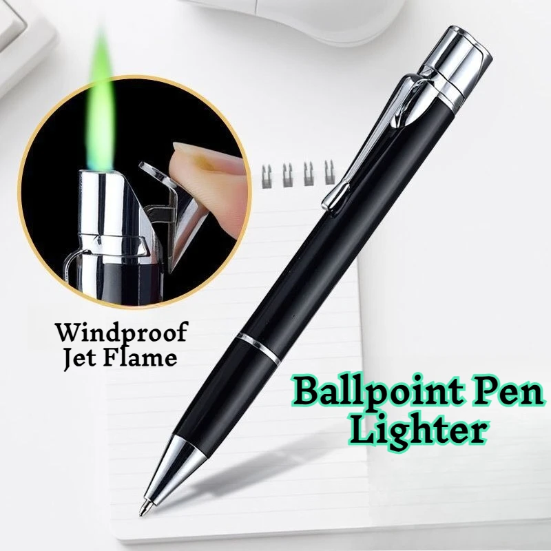 

Оригинальная зажигалка в форме шариковой ручки, ветрозащитная, многоразовая, на бутане, маскированная под металлическую ручку, для розыгрышей, EDC, для курильщиков