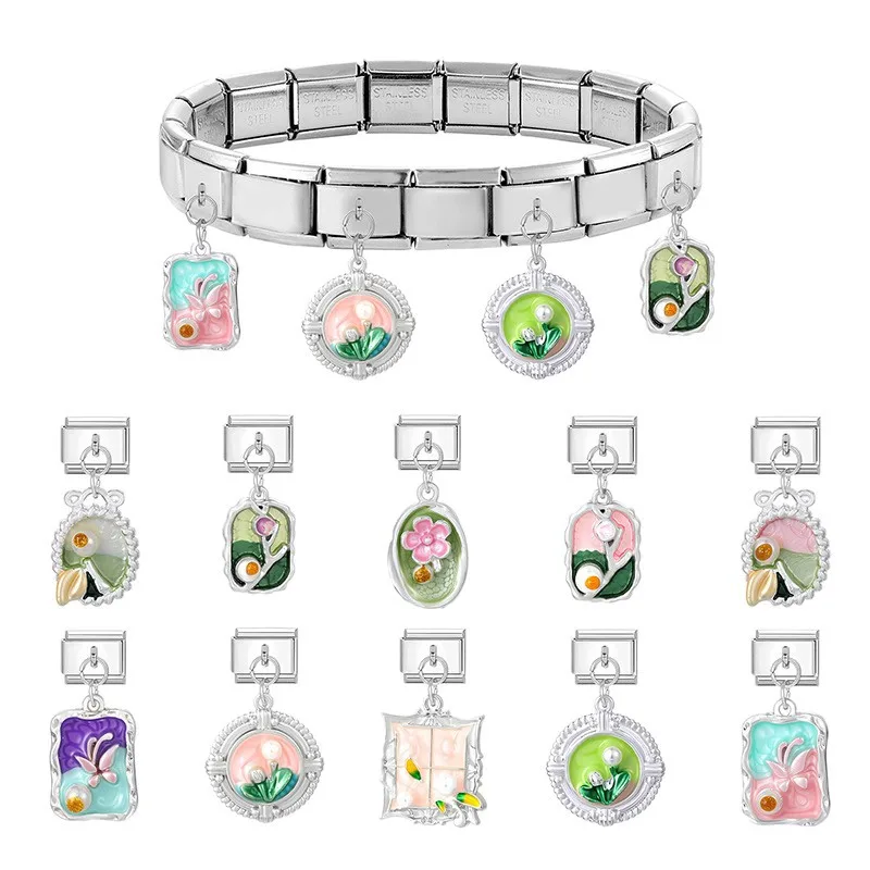 

Wholesale Fashions Romantic Colour Glaze Flower Charm Links Fit 9mm Stainless Steel Bracelet Drop Shipping Women Jewelry