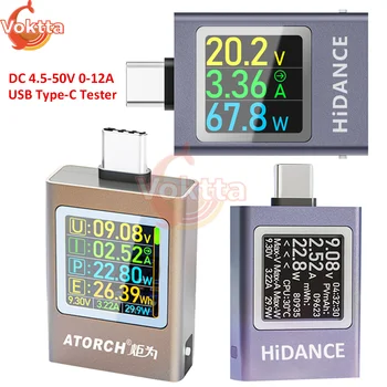 מודד USB מסוג C עם תצוגה דיגיטלית, וולטמטר, אמפרמטר, מתח DC, מד זרם, מטען לטלפון נייד, בנק חשמלי, מודד זרם DC 4.5-50V 0-12A