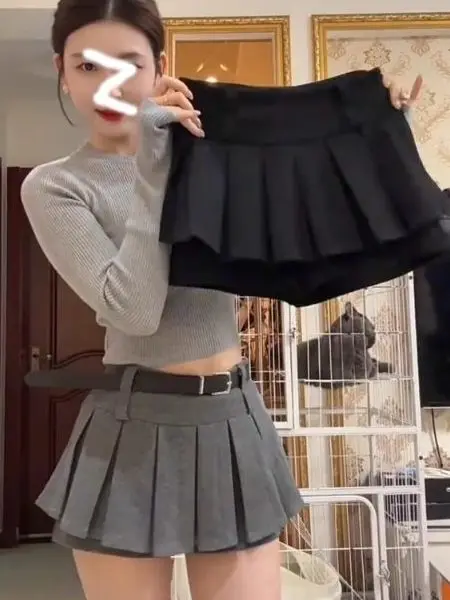 

Юбка-плиссе с высокой талией, серая, женская, в корейском стиле, осенне-зимняя, новая, в студенческом стиле, универсальная, для модниц, А-силуэт