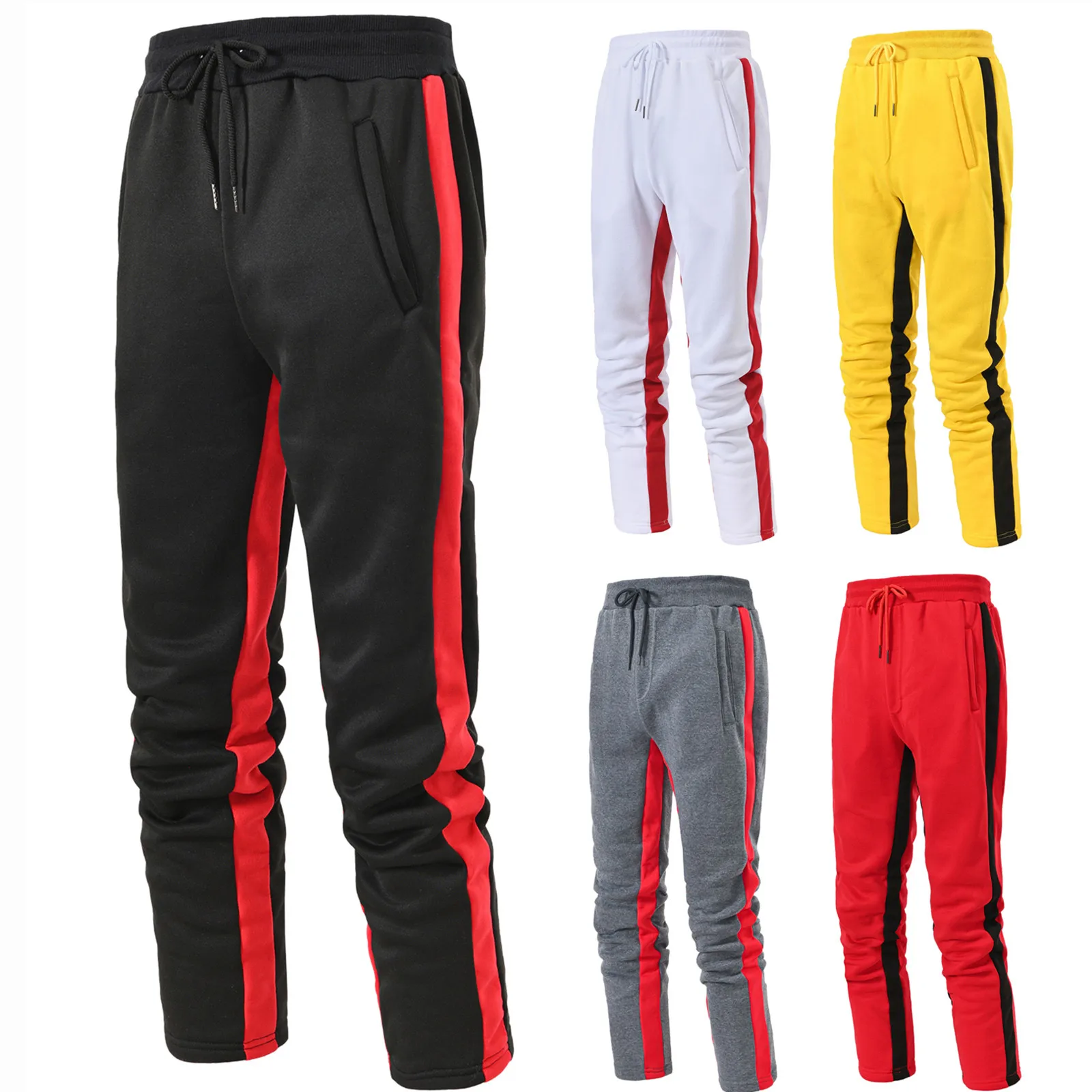 Mens Hiphop Pants Straight Leg Spliced Solid Color Lace up Running Workout Pants Sweatpants Korean Popular