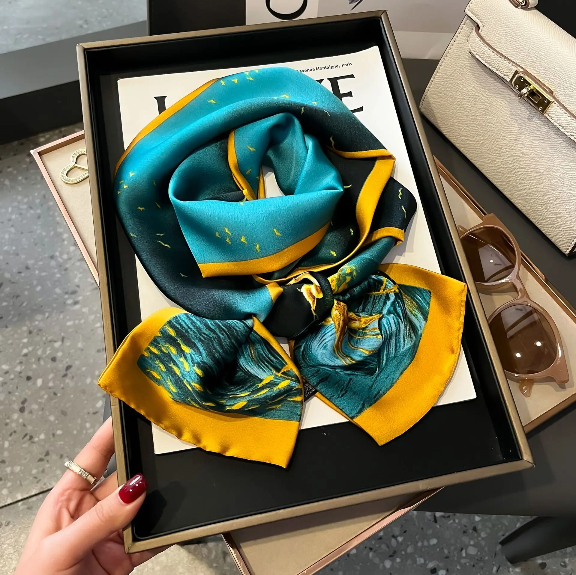 Luxus Hahnentritt Druck Nachahmung Seide Schal Stirnband Halstuch Foulard Weibliche Haar Schals Krawatte Dünne Schals Weiche Satin – Detail 3