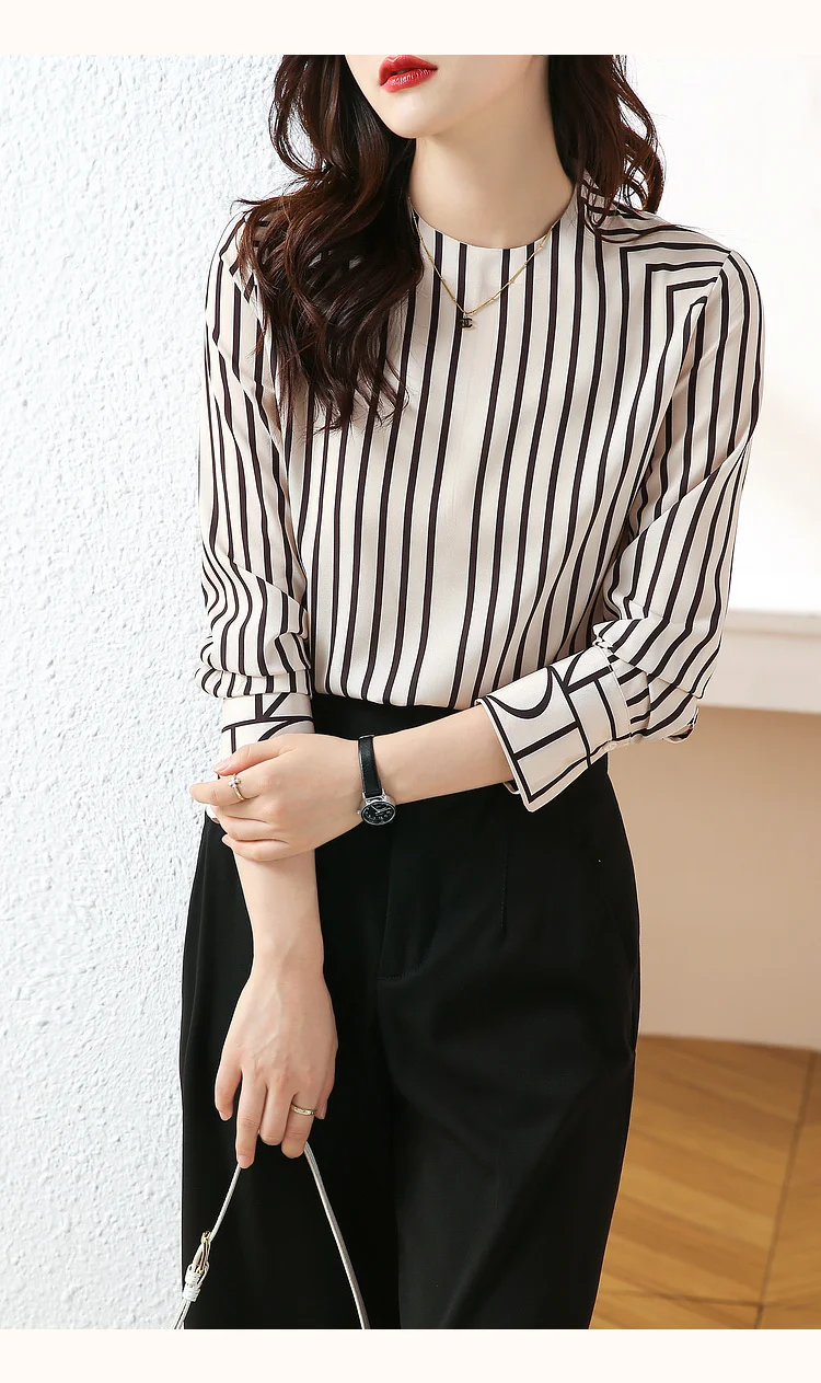 FANIECES Stripe Print Satin Women Blouse Pullover Tops Casual Streetwear Autumn Long Sleeve O Neck Female Shirt camisas y blusas