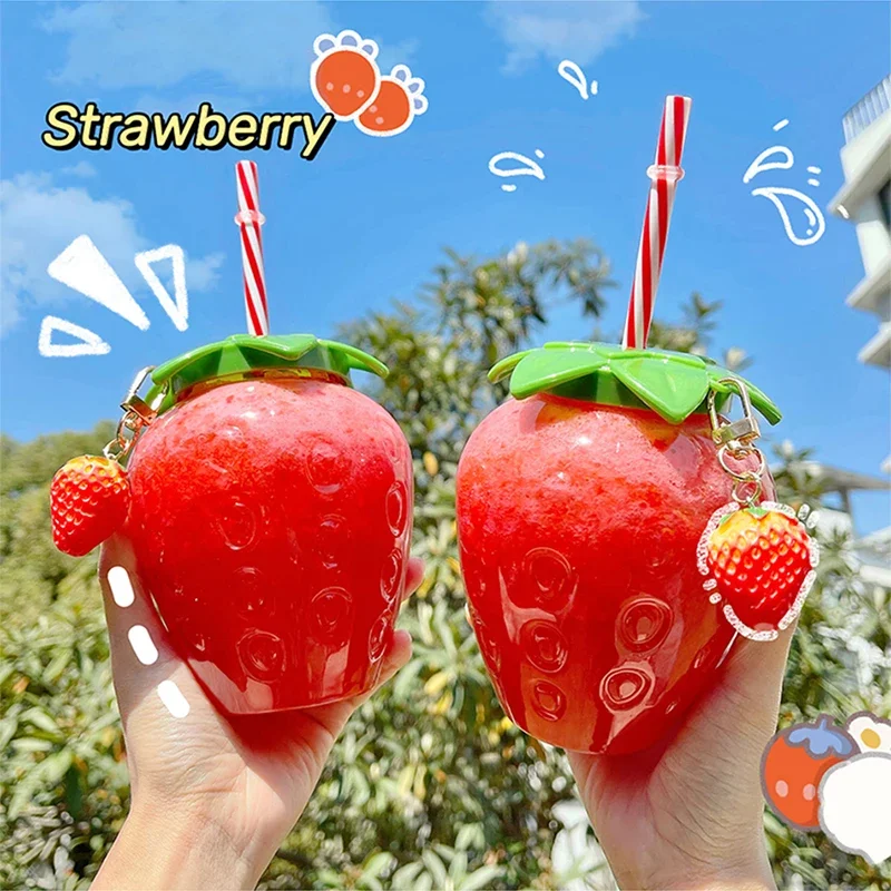 Ins Cute Strawberry Cup with Straw Creative Clear New Plastic Water Bottles for Kids Girl Student Portable Cold Drink Water Cups