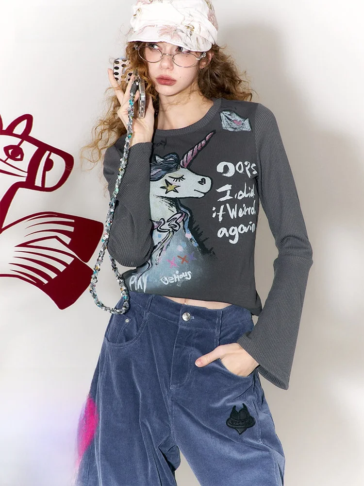 

Glamorous Fairy ket Drunken Bell Sve fiti Long Sve Women's T-irt Early Spring Slim Fit Inner Wear Top