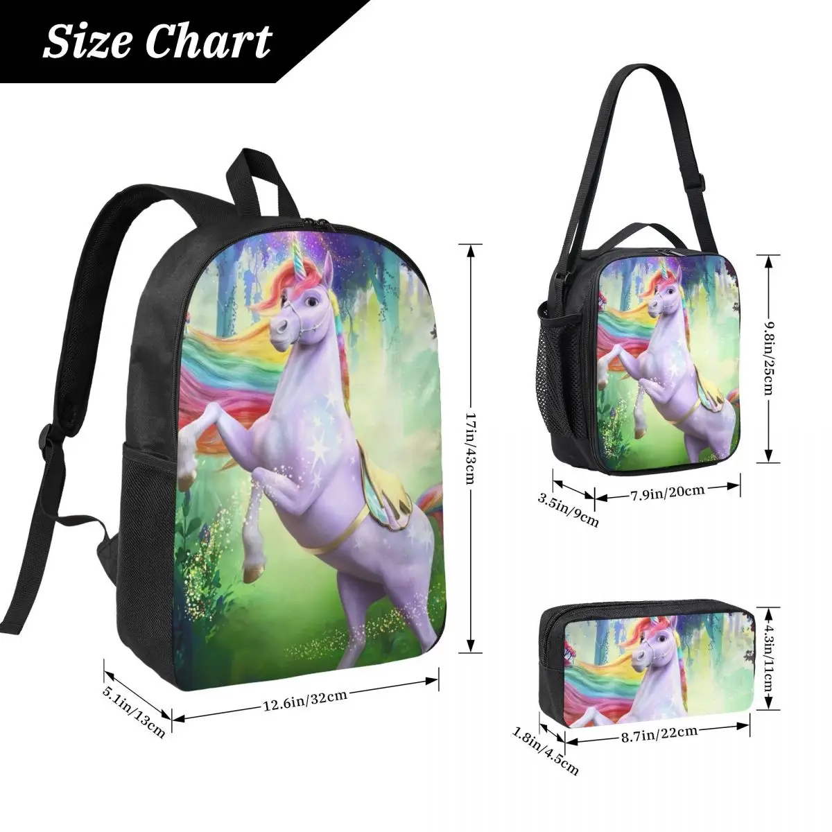 Unicorn Academy Backpack Student BookBag School Bag Computer Shoulder Bags 3ps Insulated Lunch Bag Pencil Case
