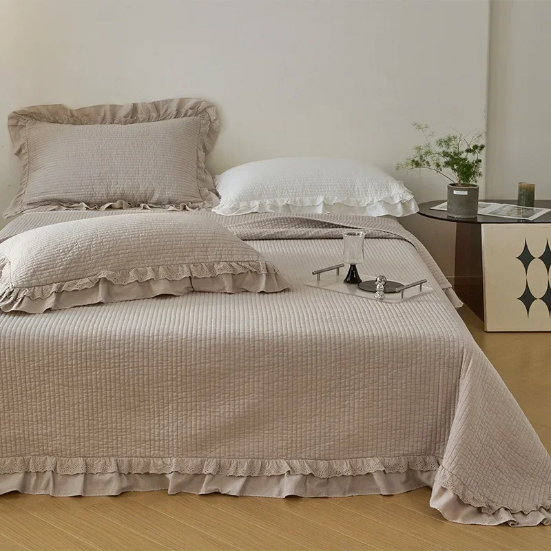 Ultra Soft Sand Washed Cotton Bedspread Set 3pcs Summer Lightweight Quilted Coverlet with Scalloped Lace, Solid Color Breathable