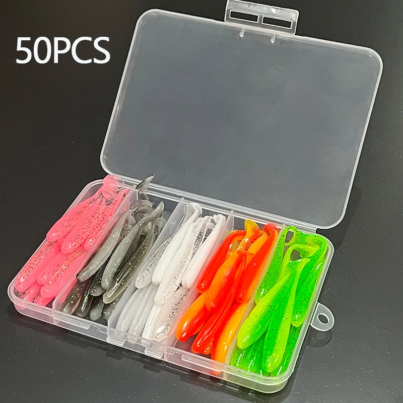 50Pcs/Box Soft T Tail Paddle Tail Worm Baits 7cm 2.1g Easy Shiner Artificial Soft Baits Odor Added For Bass Fishing Wobblers