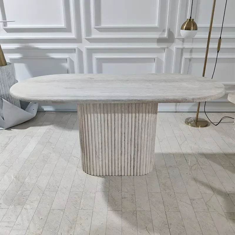 HZX Customizable Fluted Oval Marble Travertine Dining Table Natural Stone Minimalist Home Furniture Kitchen Living Room