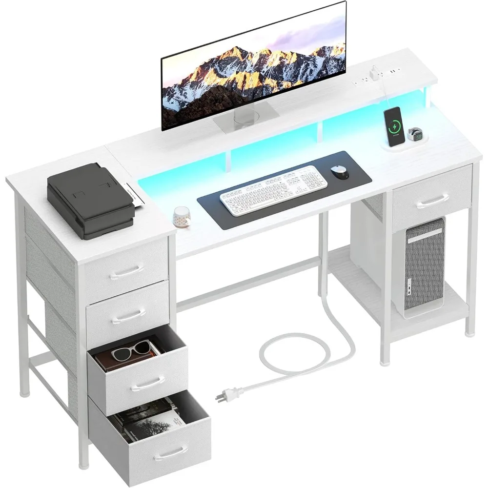 

47-дюймовый компьютерный игровой стол с розетками, светодиодной подсветкой, двусторонний домашний офис с регулируемыми тканевыми ящиками для хранения для Wor