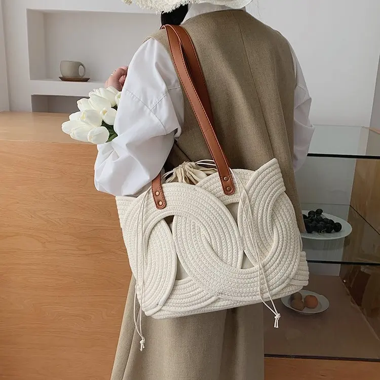 

Bohemian Hollow Woven Tote Bag, Large Capacity, Leather Handle, Summer Beach Shoulder Handbag for Women