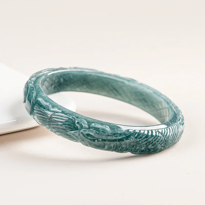 Certified Jade Bangle Women Fine Jewelry Genuine Myanmar Grade A Jadeite Burma Blue Water Jade Phoenix Bangles Carving Bracelets