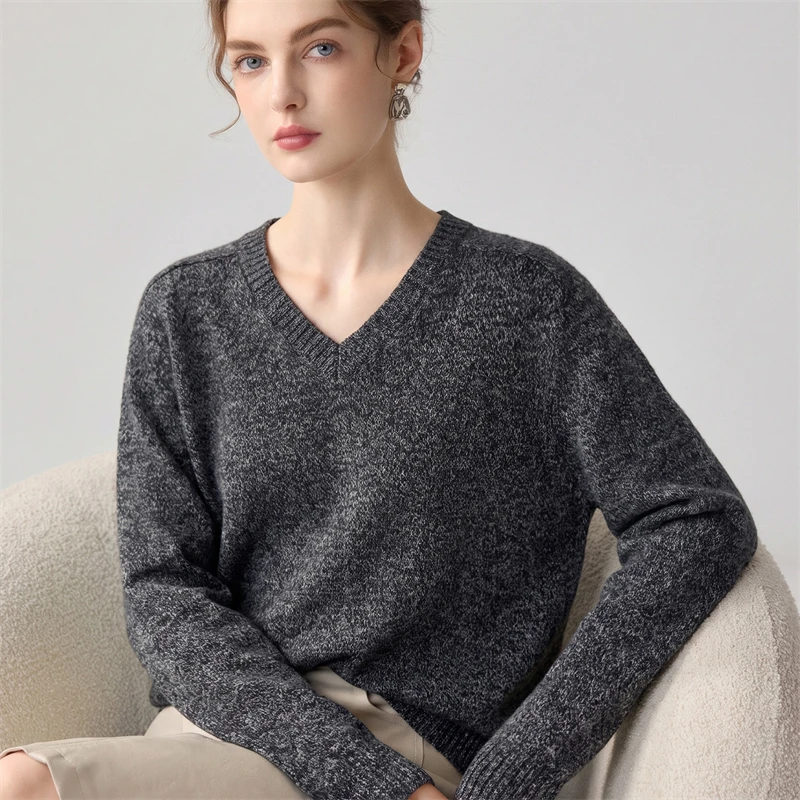 100% pure cashmere sweater women's autumn and winter new V-neck thick floral yarn knitted sweater loose and lazy style pullover