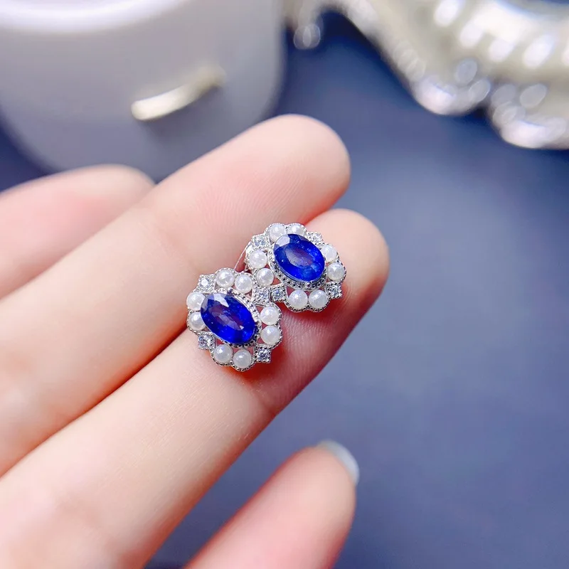 Stud Earrings S925 Silver Women's Natural Sapphire Shell Pearl Luxury Genuine Gemsotne with Certificate 6x4mm