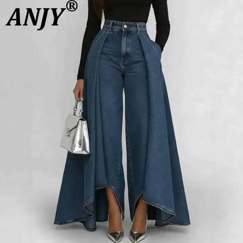 

ANJY Spring Autumn New Women Washed Vintage Casual Pocket Wide-Leg Flared Pants High Street Fashionable Denim Skirt-Pants A23338