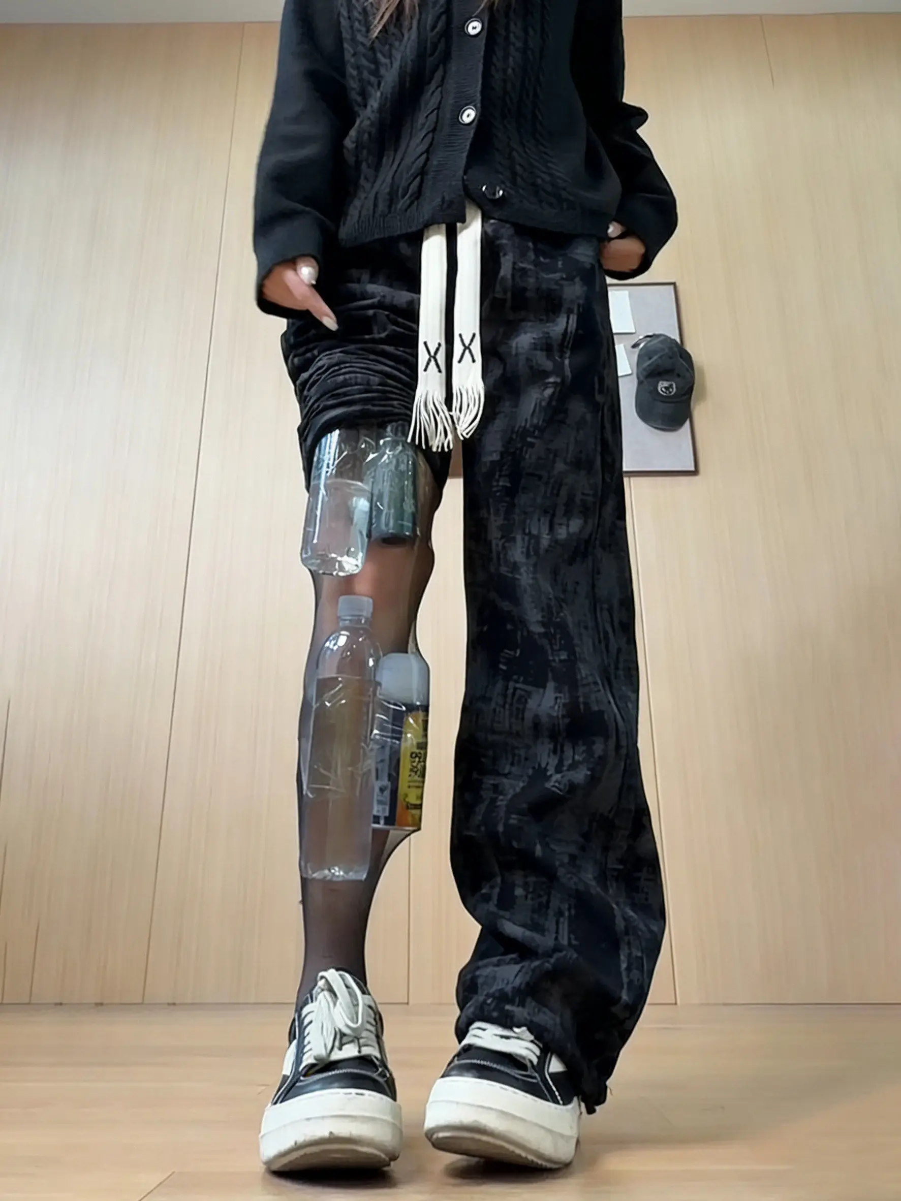

Black Tie Dye Corduroy Men's Pants Spring High Waist Slim Fit Bell Bottoms Fleece Lined Straight Leg Trousers Casual Wear