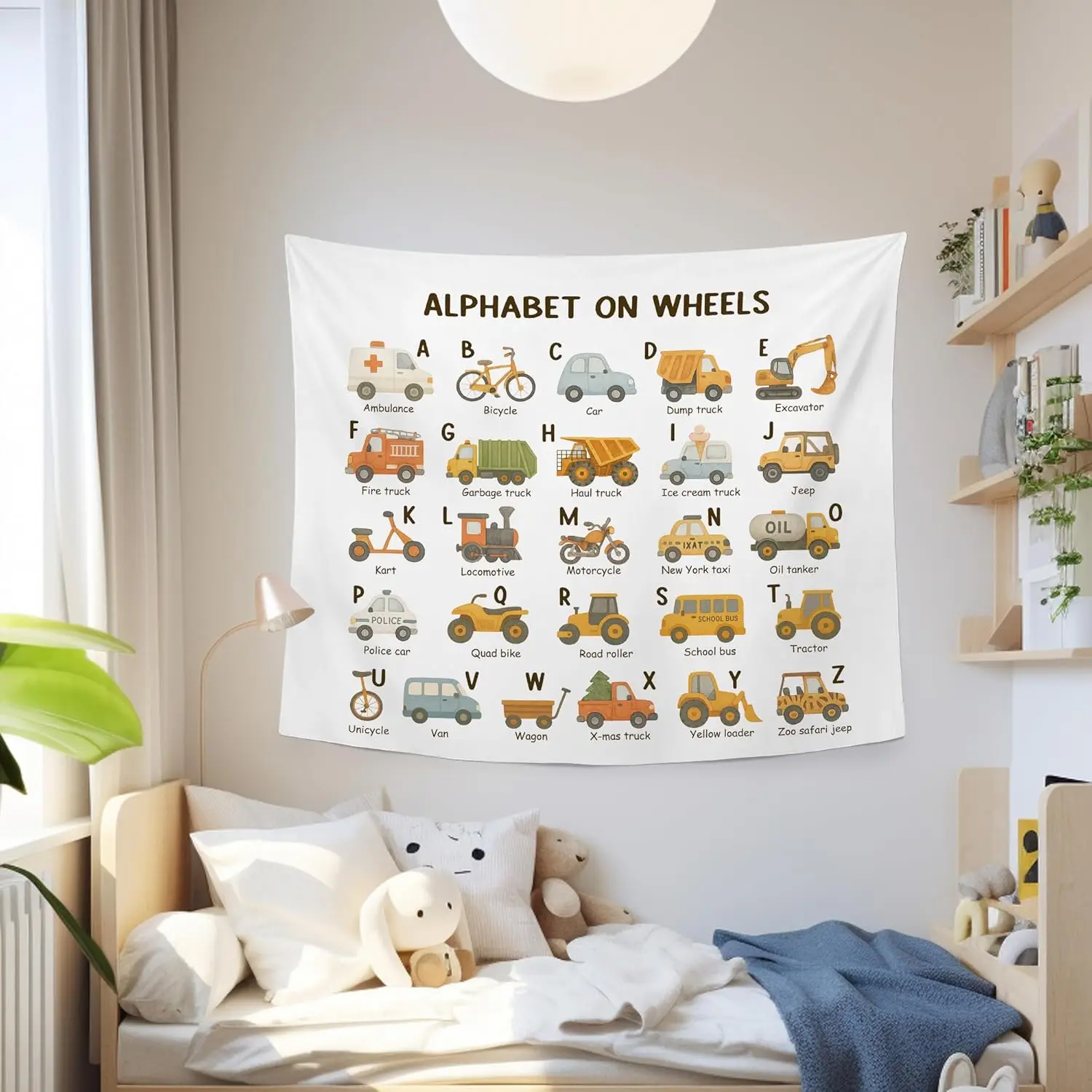 Classroom Car Alphabet Wall Tapestry Hanging for Boys Room, Nursery Traffic Transportation Tapestries, Rustic Cute Abc Truck