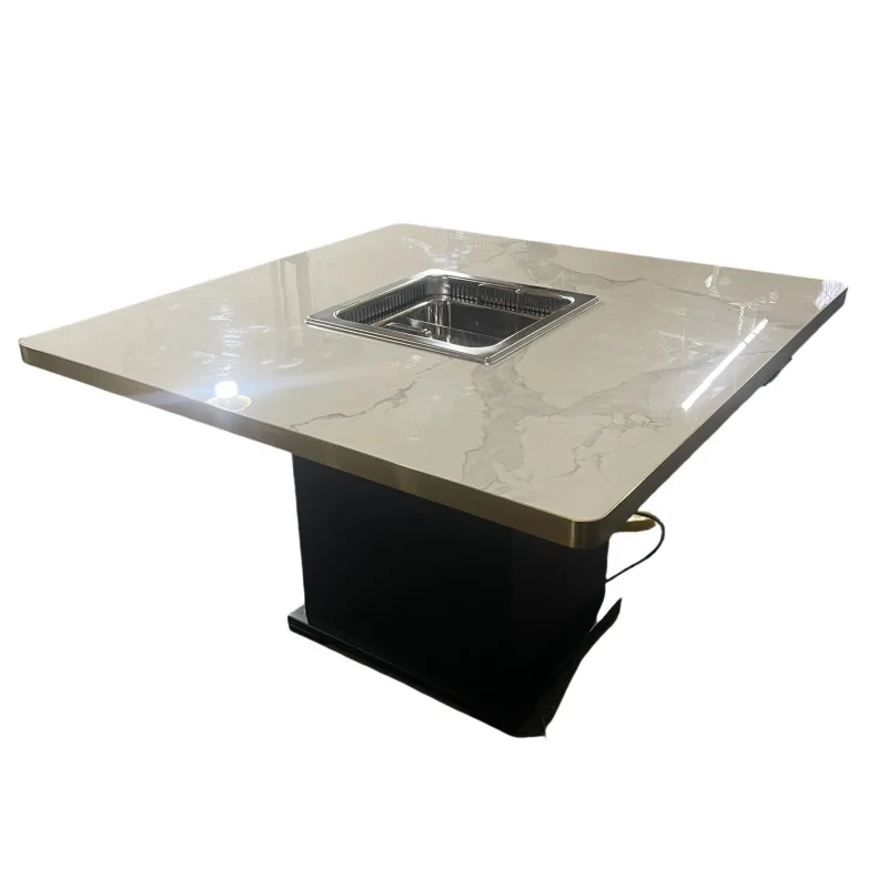 

table Four-flavor hot pot grilling and shabu integrated dual-purpose barbecue table Commercial rock slab dining table