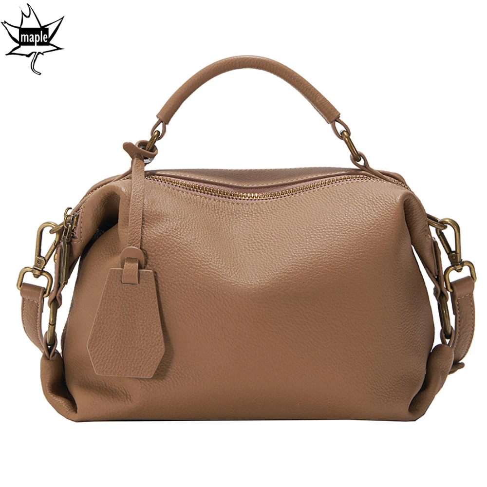 Classic Vintage Soft Boston Tote Caramel Green Color 2 Straps Women Shoulder Bag 100% Natural Cow Leather Female Handbag