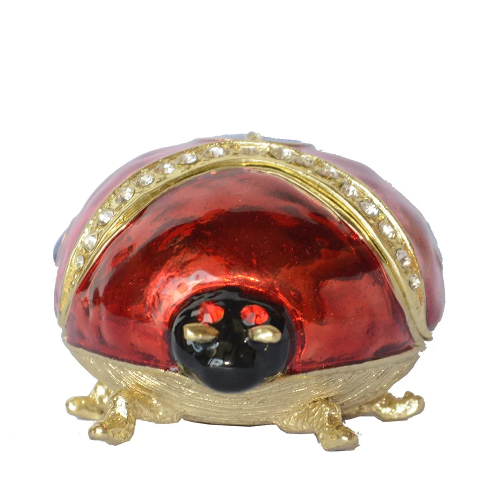 Hand Painted Enameled Ladybug Trinket Box Hinged Ring Necklace Jewelry Organizer Bejeweled Storage Figurine Collectible Keepsake