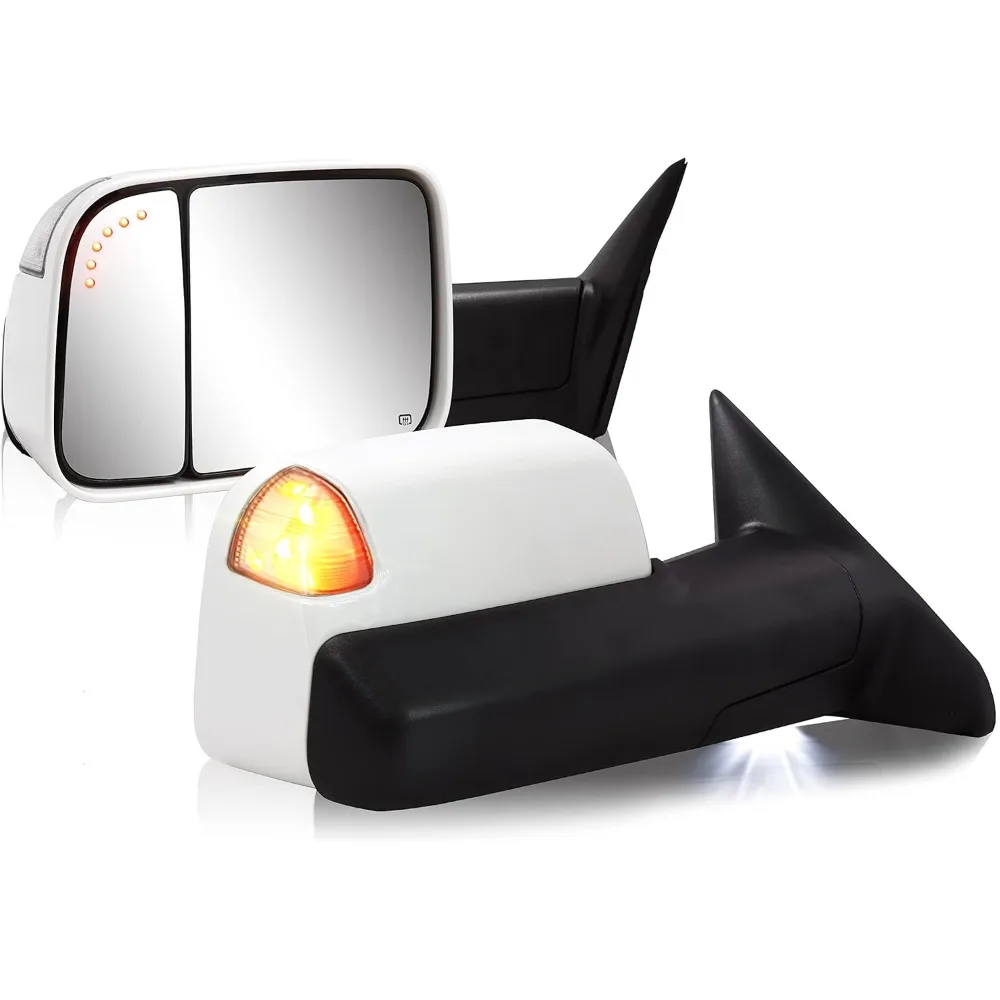 Towing Mirror for Ram - Compatible Power Adjusted Heated LED Turn Signal Light Puddle Lamp Temp Sensor (Painted White PW7)