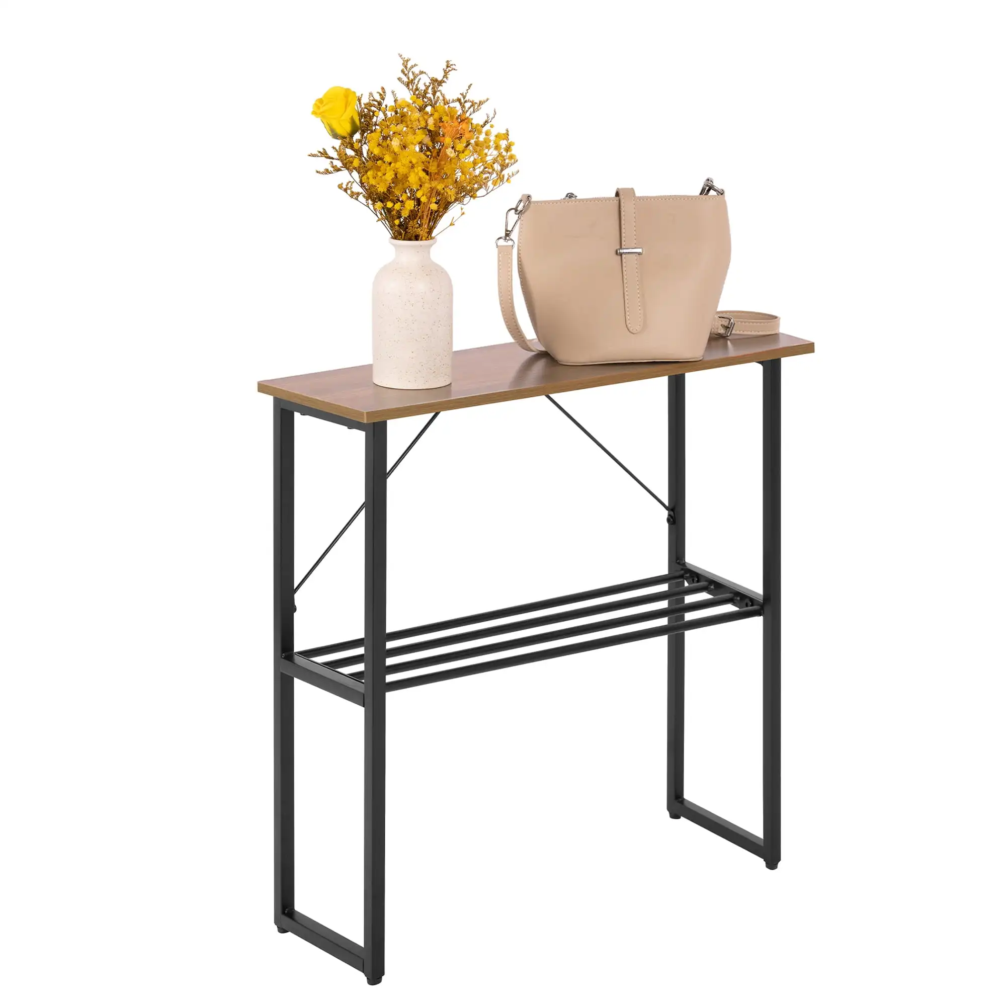 طاولة جانبية ضيقة طويلة مع رف تخزين من 3 طبقات، طاولة جانبية للأريكة موفرة للمساحة للمساحات الصغيرة، لمسة نهائية من خشب الجوز البني #1