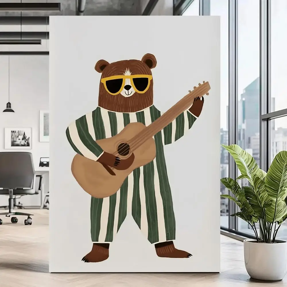 Retro Guitar Bear HD Wall Art Poster Cool Animal Illustration Kids Room Musical Nursery Decor Boys Room Home Gift