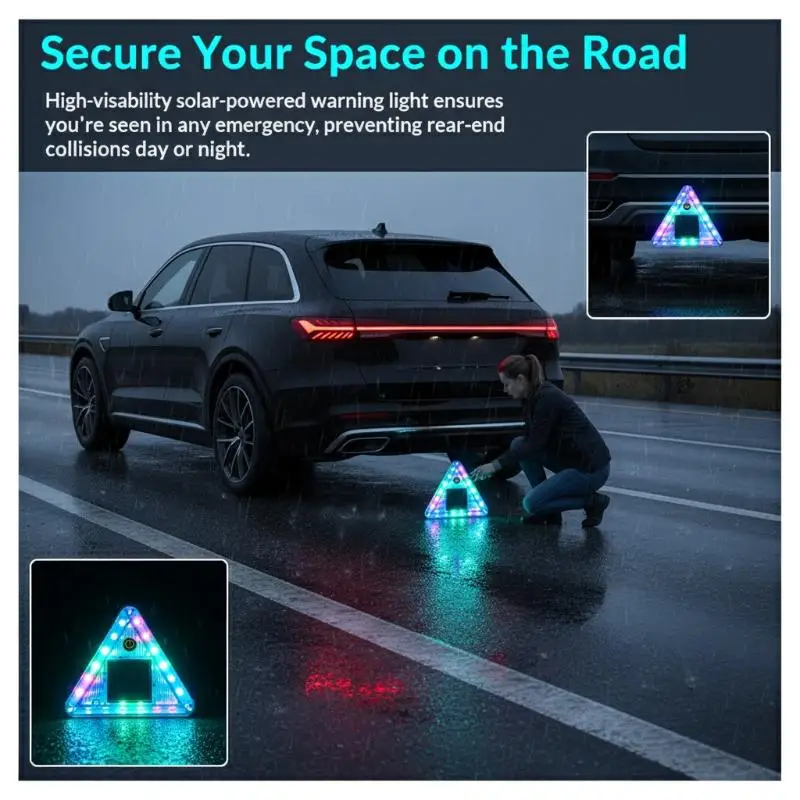 New Solar-Powered Triangle LED Warning Light Car Night Safety Flashing Led Light Car Warning Lamp Anti-Collision Wide Tail Light