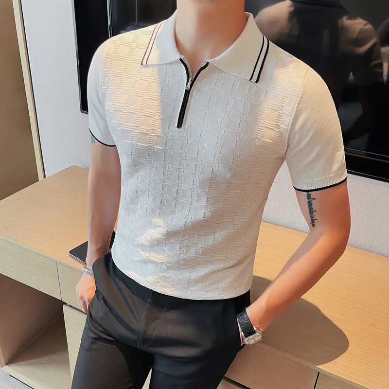 

Men's Premium Knited Polo Shirt Casual Korean Streetwear Knitted Ice Silk Short Sleeve Slim Solid Color Tees Summer Luxury 4XL