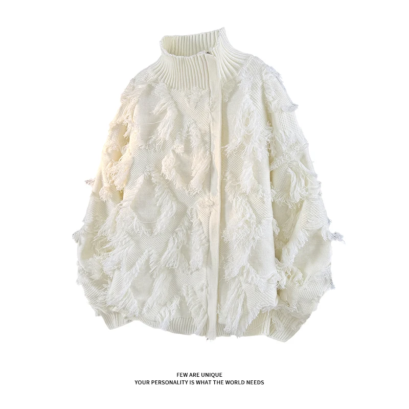 Men's Streetwear Fringe Distressed Knitted Cardigan High Neck Zip Up Oversize Loose Sweater Autumn Winter Couple Tops