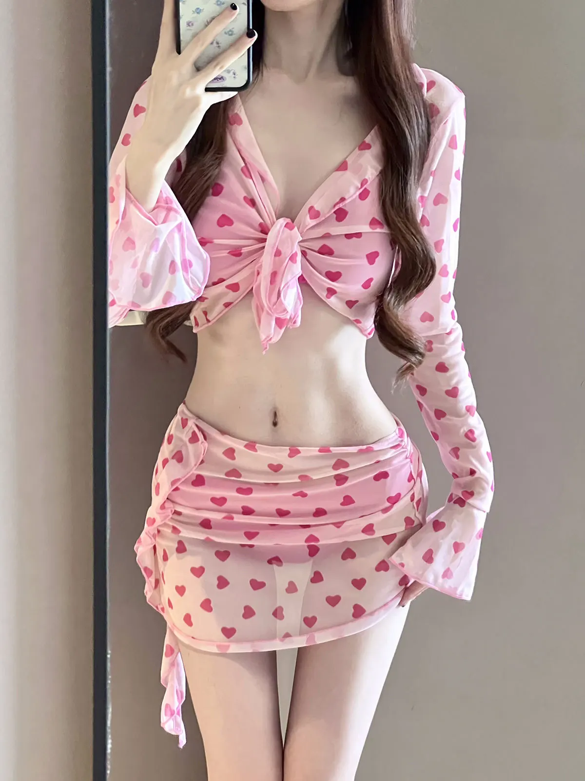 sexy Korean fashion pink heart print swimsuit 4pcs autumn long flare sleeve cover top with skirt bikinis padded swimwear biquini