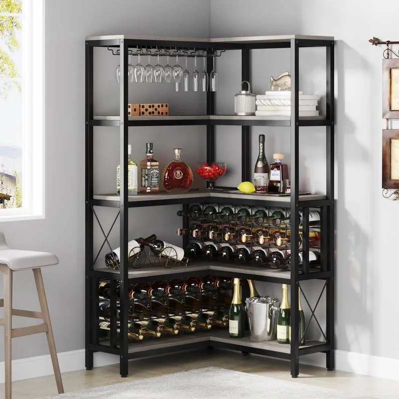 

5-Tier Large Corner Wine Rack, L Shaped Industrial Freestanding Floor Bar Cabinets for Liquor and Glasses Storage,