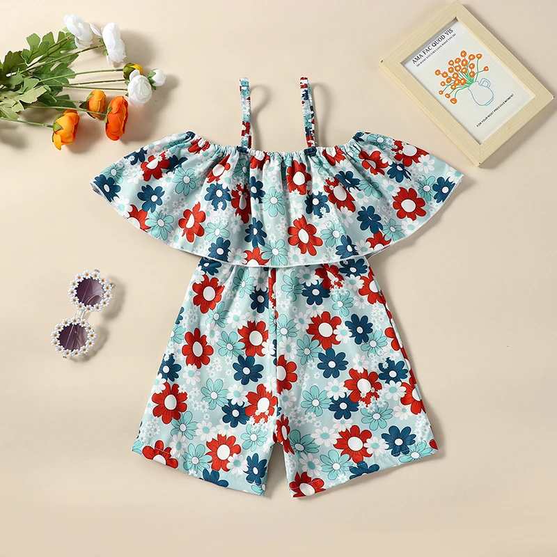 

Independence Day Children s Girls Romper Floral Print Ruffle Boat Neck Sleeveless Cami Jumpsuit Summer Casual Outfit Bodysuit