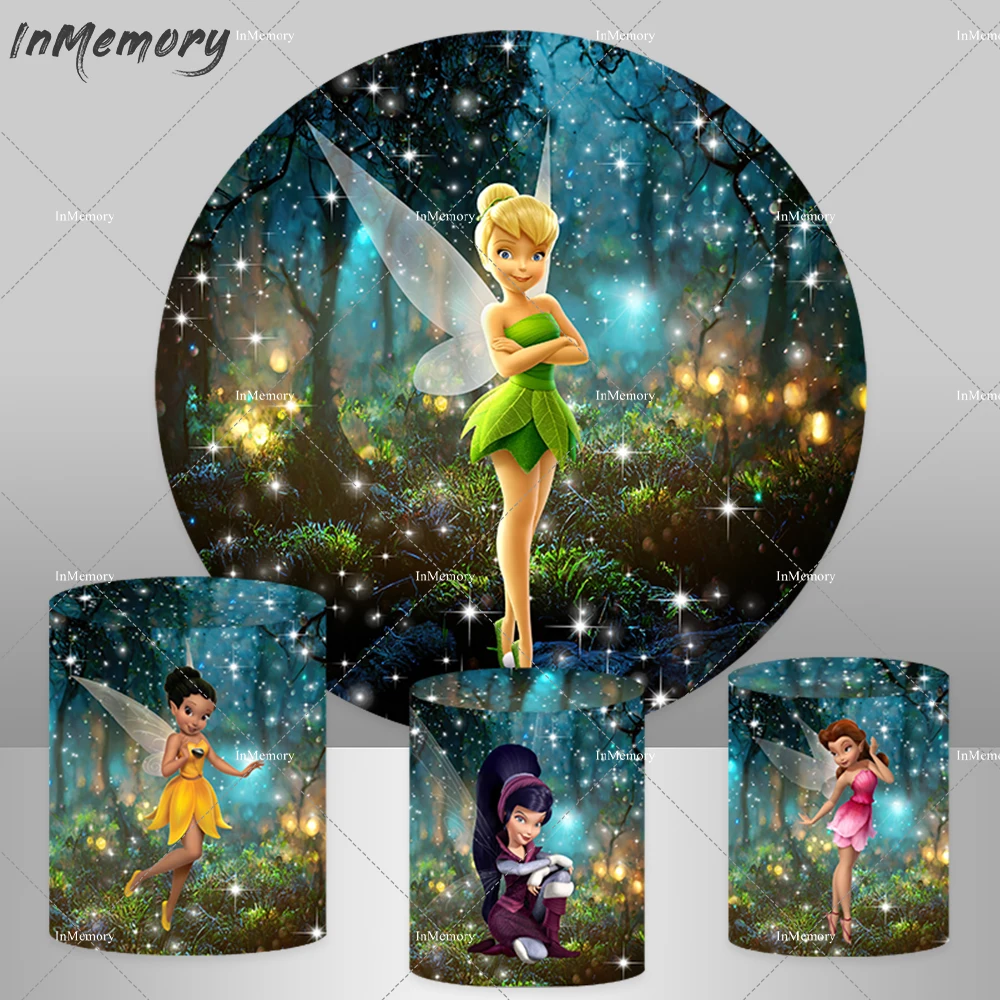 Princess Tinkerbell Birthday Round Backdrop Cover for Girls Fairy Photo Background Cake Table Cylinder Plinth Covers Banner