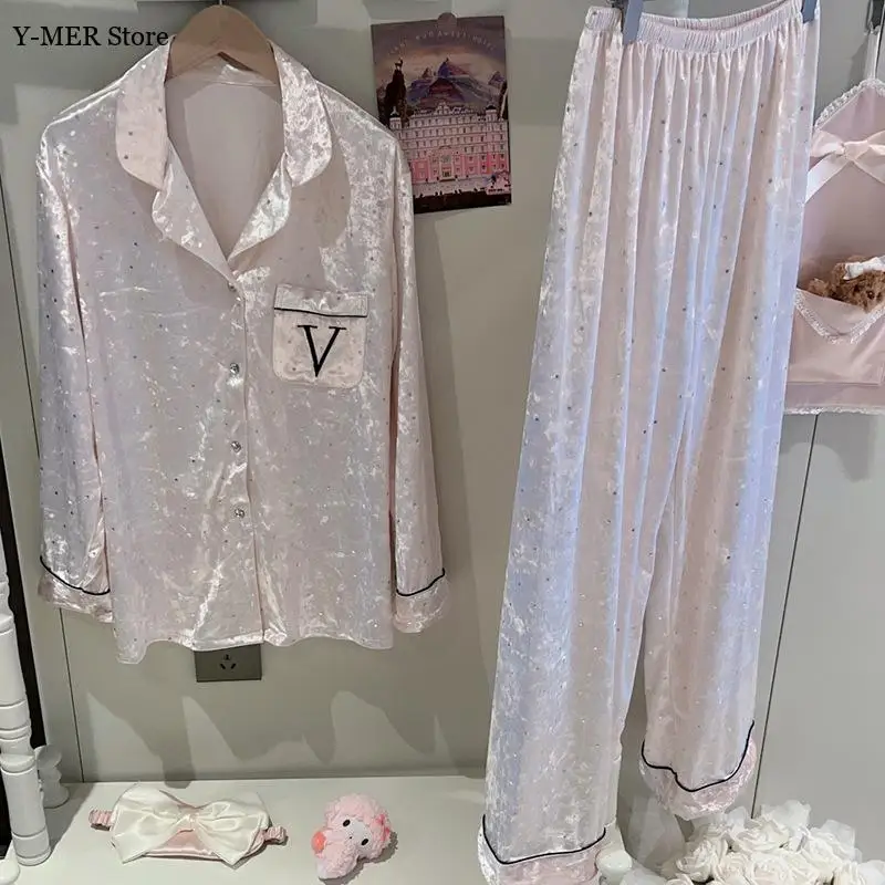 

2025 Autumn and Winter New Pajamas Set Warm Sleepwear Female Velvet Top Elastic Waist Pants 2 Piece Suit Home Clothes Nightwear