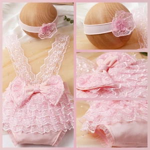 ملابس التصوير الفوتوغرافي لحديثي الولادة من Ylsteed ، بذلة من الدانتيل مع القوس الكبير وشريط الشعر ، السراويل الأزرق المعلقة ، بذلة لالتقاط الصور أعلى 6 بيع بذلة غرزة للأطفال - No4