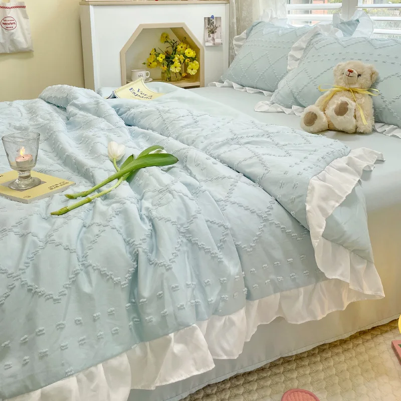 

Washed Cotton Summer Quilt Four-Piece Set Korean Lace Airable Cover