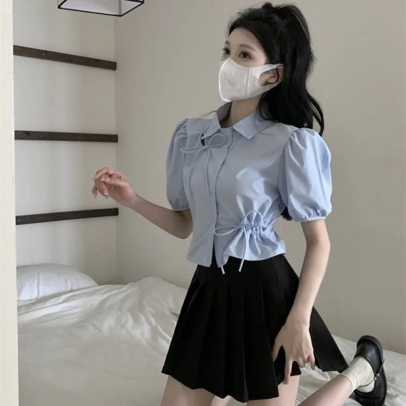 Puff Sleeve Bow Shirts Women Summer 2024 Solid Color Single Breasted Office Lady Korean Style Versatile Slim Short Blouse Female